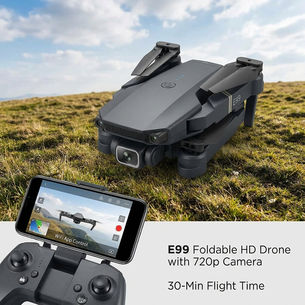 E99 Foldable HD Drone with 720p Camera | 30-Min Flight Time & WiFi App Control